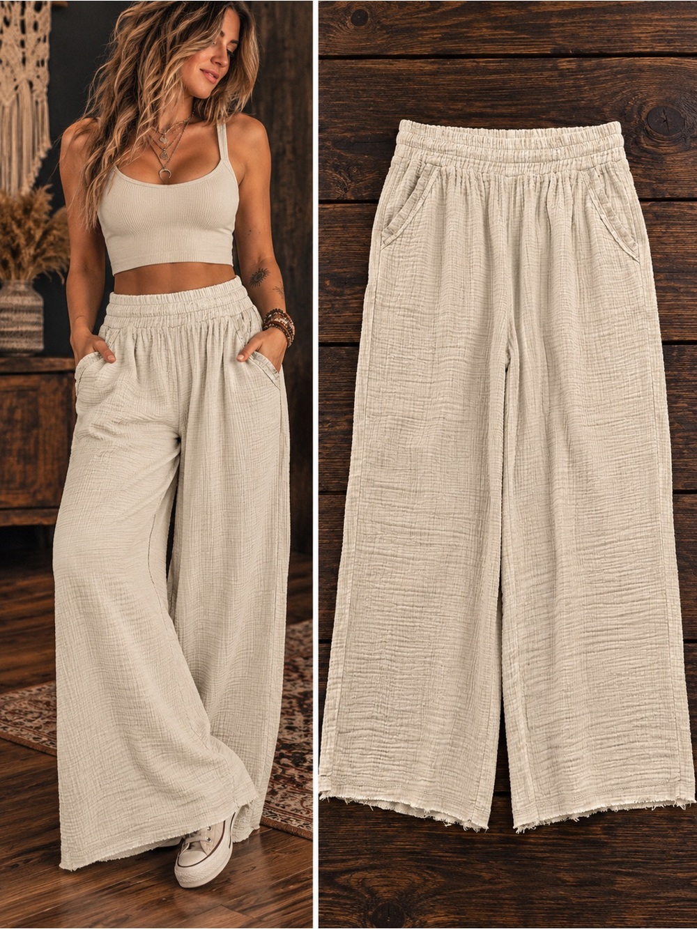 Zenana Outfitters Beige Wide-Leg Gauze Pants - Picture 2 of 6